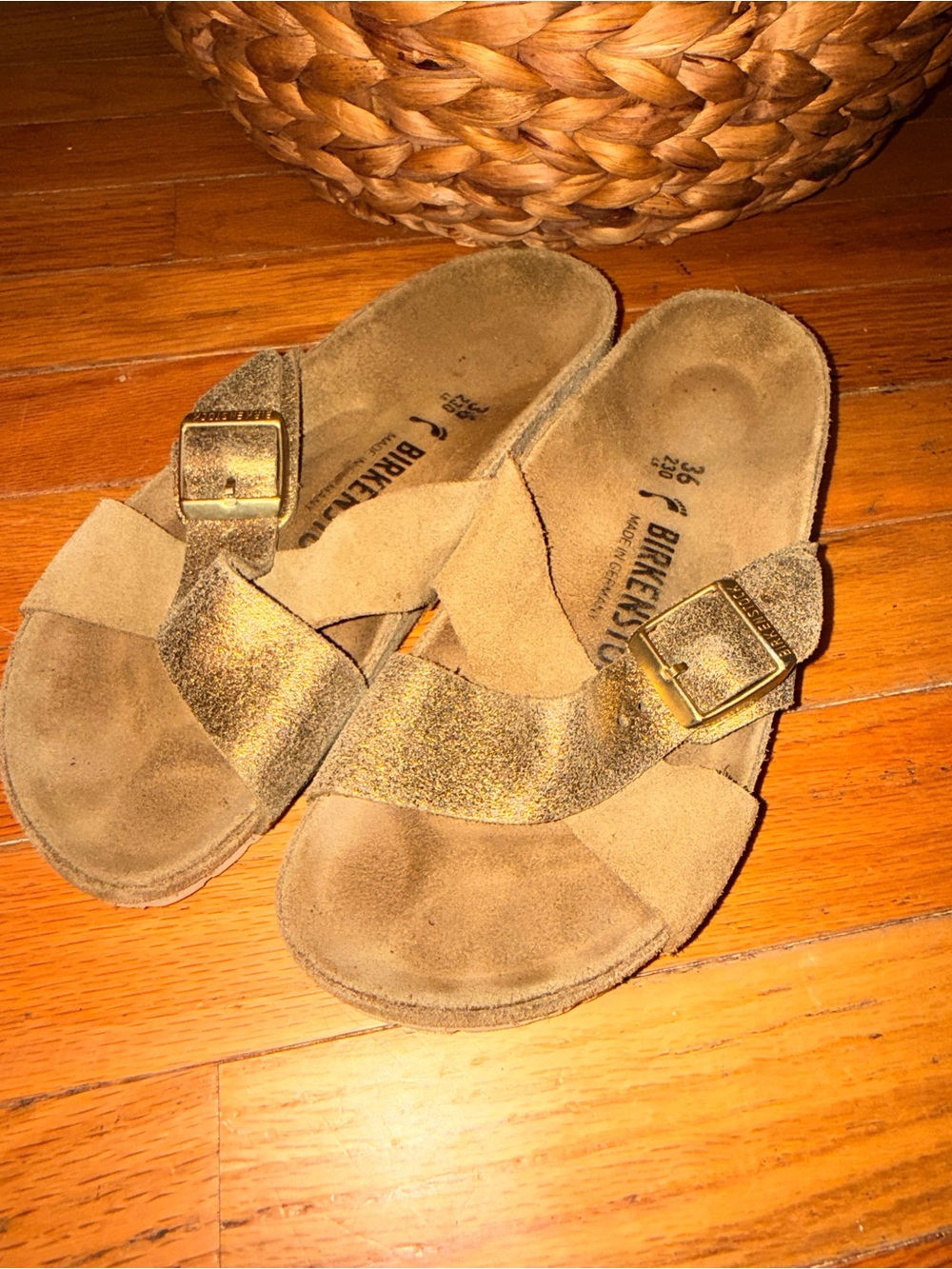 Birkenstock Gold Tan Suede Cross-Band Sandals